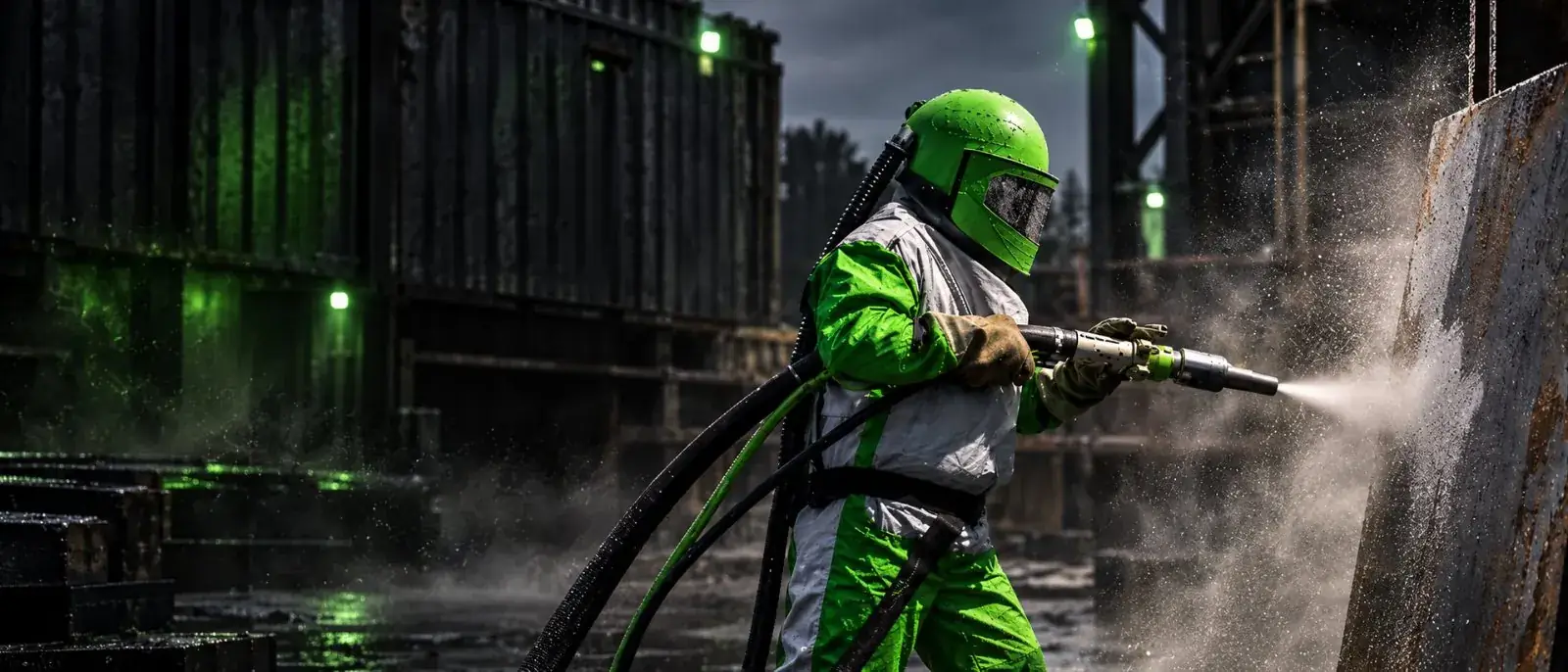 Technician dustless blasting a steel plate