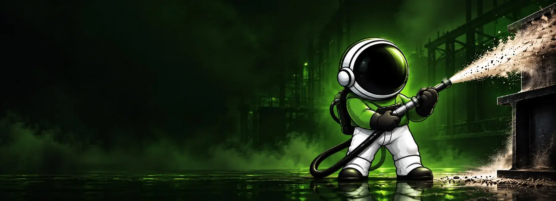 EcoBlast mascot dustless blasting a steel beam